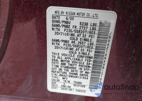2009 Nissan Murano Le z USA, uszkodzony, nr VIN JN8AZ18WX9W131654